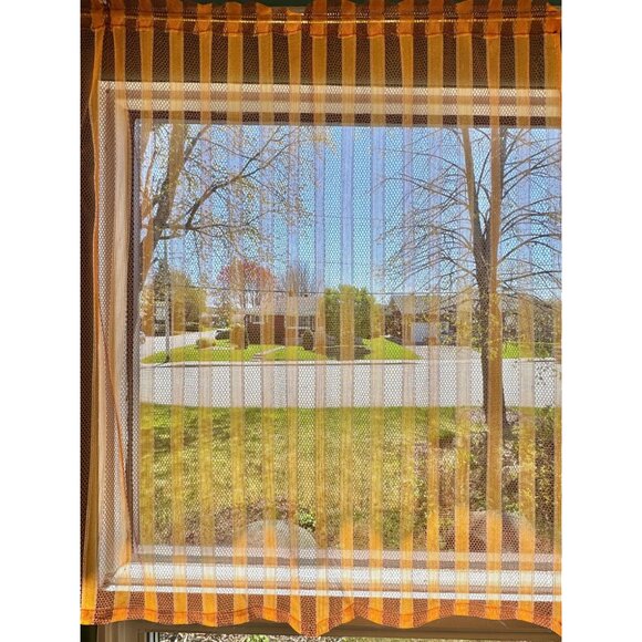 Vintage 70s mesh curtain, pumpkin orange & brown stripes, open weave panel - Picture 6 of 8